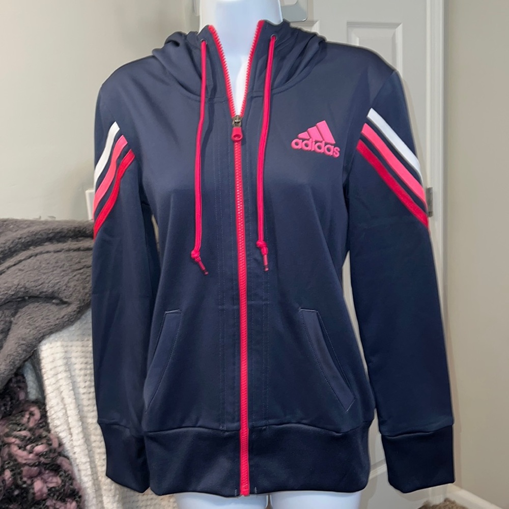 Women's Adidas navy with pink trim , zippered, hooded jacket , size S